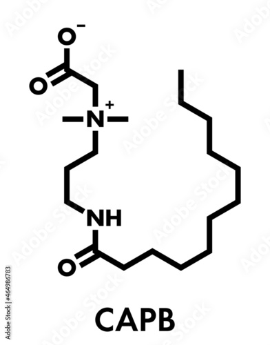Cocamidopropyl betaine  CAPB  synthetic surfactant molecule. Used in shampoo  soap  hair conditioner  etc. Skeletal formula.