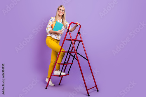 Photo of cute clever mature lady dressed print blouse glasses holding copybooks rising stairs smiling isolated purple color background