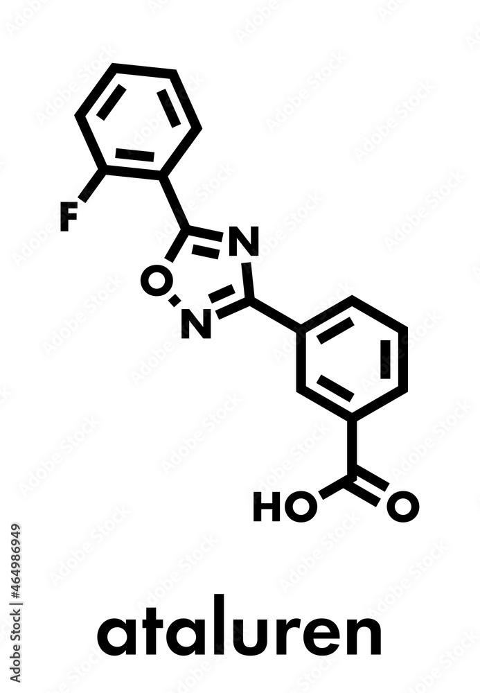 Fototapeta premium Ataluren genetic disorder drug. Investigated in treatment of cystic fibrosis and Duchenne muscular dystrophy. Thought to work by making ribosomes skip stop codons. Skeletal formula.