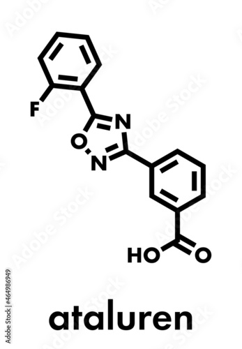 Ataluren genetic disorder drug. Investigated in treatment of cystic fibrosis and Duchenne muscular dystrophy. Thought to work by making ribosomes skip stop codons. Skeletal formula.