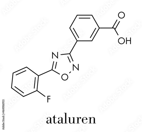 Ataluren genetic disorder drug. Investigated in treatment of cystic fibrosis and Duchenne muscular dystrophy. Thought to work by making ribosomes skip stop codons. Skeletal formula.
