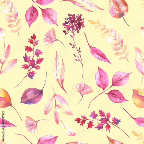 Seamless pattern with hand painted watercolor autumn leaves o yellow background. Cute design for textile design  scrapbook paper  decorations. High quality illustration