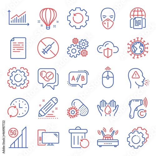 Science icons set. Included icon as Coronavirus pills, Settings gears, Safe water signs. Graph, Cloud protection, Ab testing symbols. Internet documents, Recovery gear, Computer. Seo gear. Vector