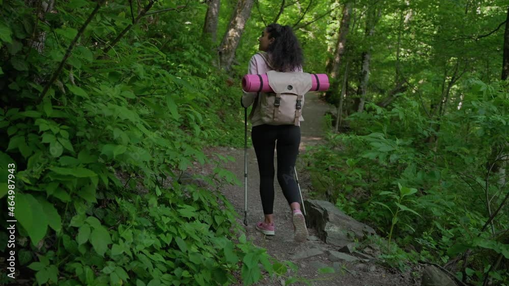Girl hiker with walking poles in the wood Girl hiker with walking poles in the wood