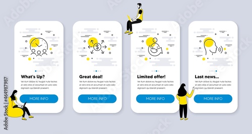 Vector Set of Education icons related to Share, Dollar exchange and Meeting time icons. UI phone app screens with people. Human sing line symbols. Referral person, Payment, Conference hours. Vector