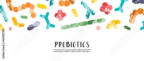 Probiotics. Lactic acid bacteria. Good microorganisms for gut, intestinal flora health. Microflora. Microbiome. Bifidobacterium, lactobacillus,  lactococcus, thermophilus streptococcus. Vector banner