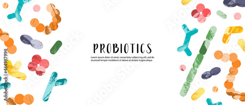 Probiotics. Lactic acid bacteria. Good microorganisms for gut, intestinal flora health. Microflora. Microbiome. Bifidobacterium, lactobacillus,  lactococcus, thermophilus streptococcus. Vector banner
