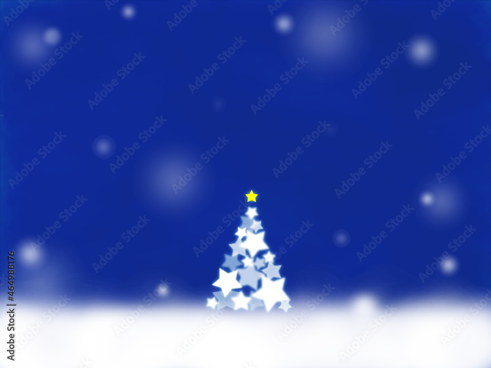 星が光るクリスマスツリー　雪降る濃青（ヨコ）