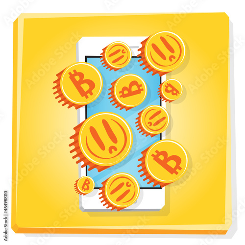 Cartoon vector illustration of smart phone. Smart phone screen with golden flying coins. Bitcoin, cryptocurrency, smile emoji.