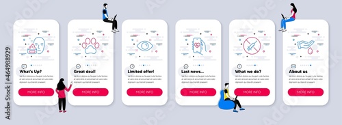 Vector Set of Healthcare icons related to Dog paw, Health eye and No vaccine icons. UI phone app screens with teamwork. Face cream, Health app and Wash hands line symbols. Vector