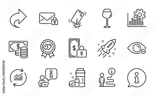 Business icons set. Included icon as Love award, Coins banknote, Startup rocket signs. Bordeaux glass, Smartphone broken, Private payment symbols. Update data, Medical drugs, Secure mail. Vector