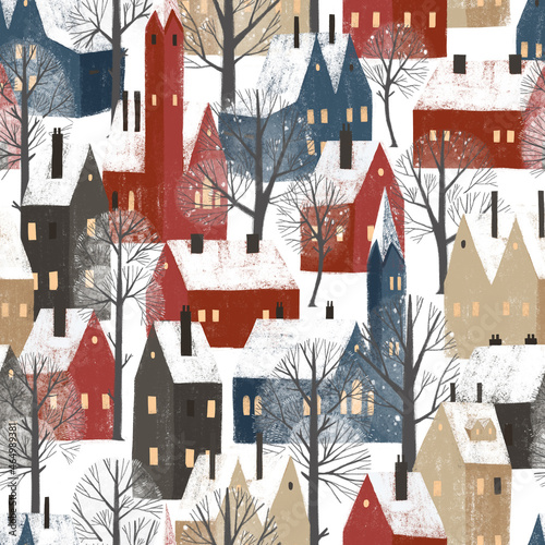 Seamless pattern with hand drawn textured houses. Cute old town, perfect for winter wrapping paper or fabric.
