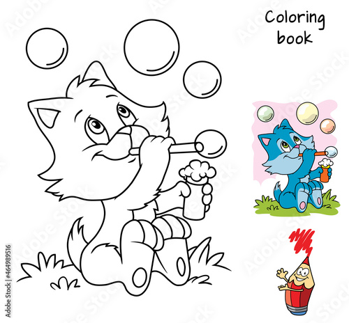 Cat blowing soap bubbles. Coloring book