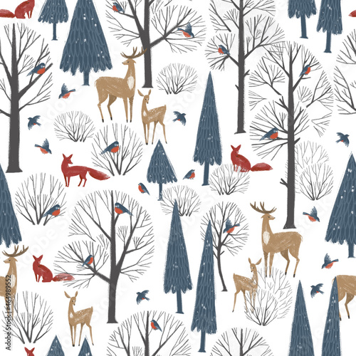 Seamless pattern with hand drawn winter forest and forest animals. Stylish illustration, perfect for winter wrapping paper or fabric.