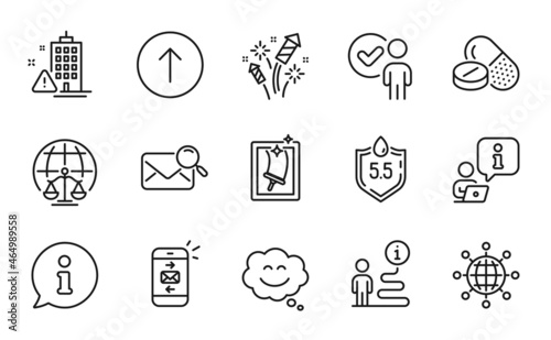 Business icons set. Included icon as Fireworks rocket, Swipe up, Smile chat signs. Window cleaning, Ph neutral, Verification person symbols. Search mail, Building warning, Mail line icons. Vector