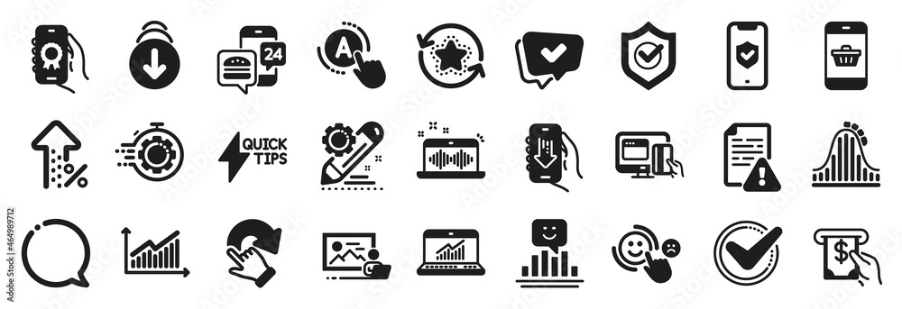 Set of Technology icons, such as Customer satisfaction, Loyalty points, Project edit icons. Download app, Online statistics, Quickstart guide signs. Atm service, Increasing percent, Smile. Vector