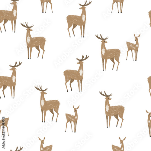 Seamless pattern with hand drawn deers and fawns. Stylish illustration  perfect for winter wrapping paper or fabric.
