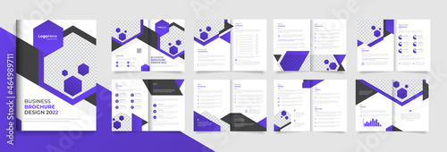 Corporate brochure design template 16 pages with purple creative abstract shapes for business profile