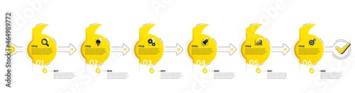 Quotes bookmarks journey infographics. Business Infographic timeline with 6 steps. Workflow process diagram with Idea, Working, Growth chart and Goal target icons. Timeline infograph diagram. Vector