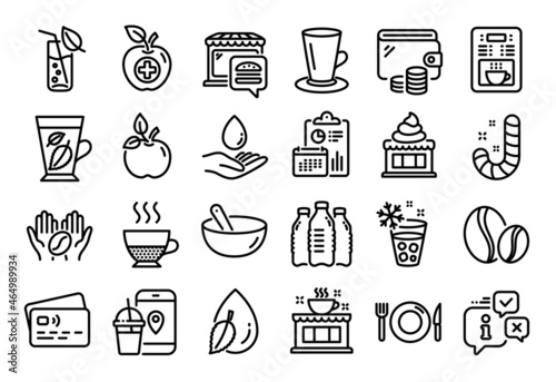 Vector set of Water care, Coffee maker and Medical food line icons set. Calendar report, Money wallet and Credit card tag. Candy, Water glass and Food icons. Coffee, Ice maker and Teacup signs. Vector