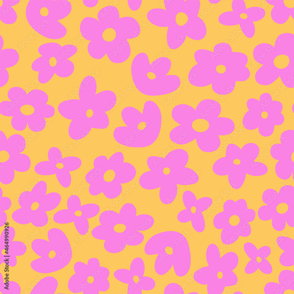 Colorful seamless vector pattern with cartoon flowers. Cute groovy elements, fun modern illustration, midcentury art