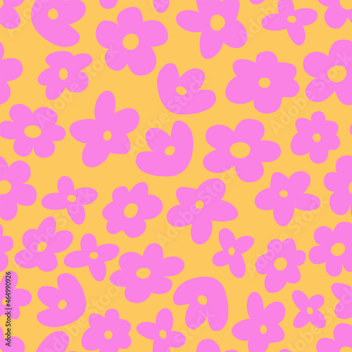 Colorful seamless vector pattern with cartoon flowers. Cute groovy elements, fun modern illustration, midcentury art
