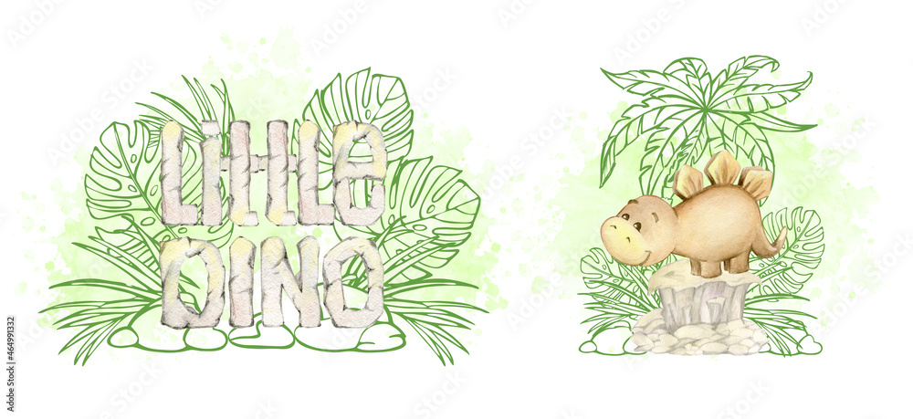 Dinosaur, text, little dino, stone texture. Watercolor set, cliparts, in cartoon style, on an isolated background.