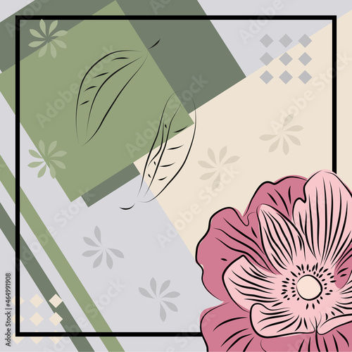 Square flower arrangement with contour pink flower and geometric print. Pattern for printing on scarves, postcards, carpets, bandanas, napkins, home textiles. Hand-drawn vector background.