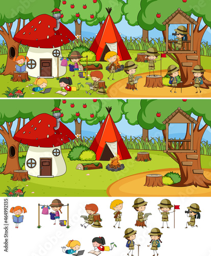 Camping scene set with many kids cartoon character isolated