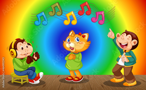 Funny monkeys cartoon character on rainbow gradient background