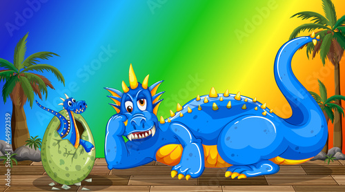 Dragon and baby cartoon character on rainbow gradient background