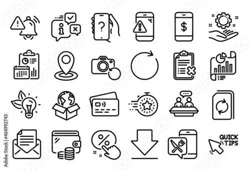Vector set of Synchronize, Quick tips and Attention bell line icons set. Calendar report, Money wallet and Credit card tag. Warning message, Eco energy and Delivery service icons. Vector