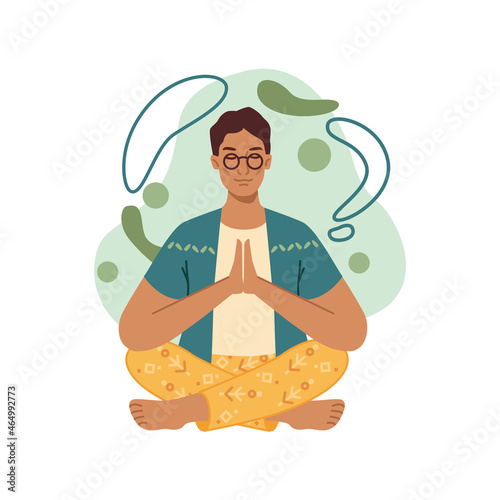 Yoga meditation, man sits in lotus pose meditating, balance and spiritual energy, stress control. Vector happy person on meditation, relaxation and recreation, healthy lifestyle exercise, guy on yoga