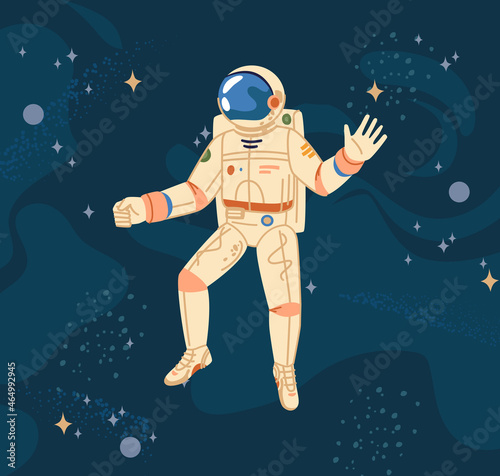 Astronaut in outer space cosmos, galaxy objects on flat cartoon background. Vector man in helmet and cosmic suit, scientist astronomy explorer in protective wear, spaceman investigate solar system