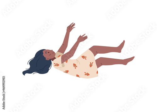 Alone unhappy woman falling down isolated sad depressed cartoon character. Vector girl in despair falls after failure, lonely hopeless person in loness, sorrow or irritation. Afro american lady