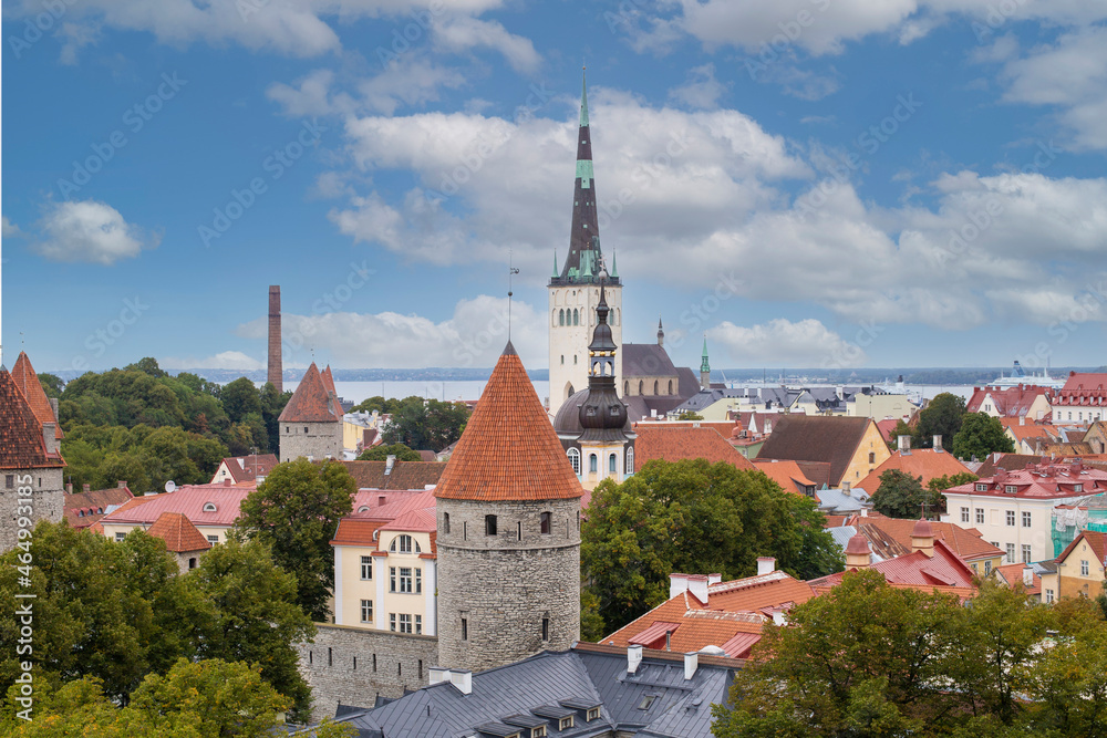 Scenic summer aerial panorama of Tallinn, Estonia with beautiful sky with clouds