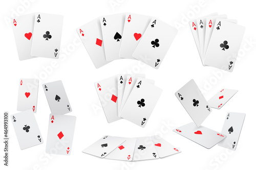 Playing card four aces diamonds and clubs, hearts and spades poker game cards realistic 3D design set. Vector red and black suits, leisure hobby entertainment gambling game fortune card to play