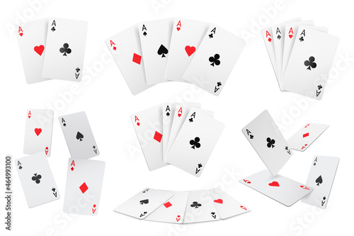 Playing card four aces diamonds and clubs, hearts and spades poker game cards realistic 3D design set. Vector red and black suits, leisure hobby entertainment gambling game fortune card to play