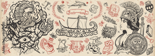 Ancient Greece. Old school tattoo collection. Owl, head statue, old boat, theater, golden fleece. Historical myths heroes and legends set. Traditional tattooing. Athena and Zeus, greek olympic gods