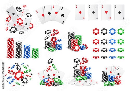 Playing cards fall and fly, betting chips piles and heaps, casino big set, realistic 3d icons. Vector gambling game coins in different angles. Stalks, poker aces clubs and diamonds, hearts and spades