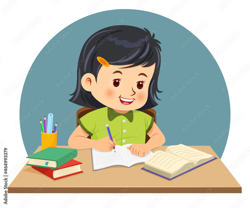 Little girl doing homework by read and writing on his desk. Vector illustration Little girl doing homework by read and writing on his desk. Vector illustration