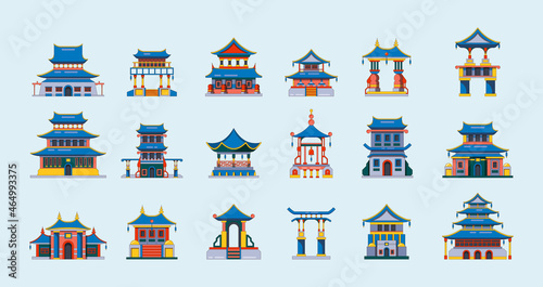 Traditional china buildings. Ancient japan or china houses cultural places for travellers garish vector cartoon set isolated