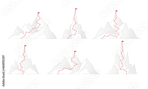Route to mountain. Business activity concept pictures successful journey destination climbing adventures to goal planning trip to hills peak recent vector set