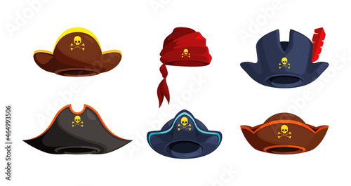 Pirate hats. Costumes bandanas of pirates carnival sailor clothes captain characters garish vector hats collection in flat style
