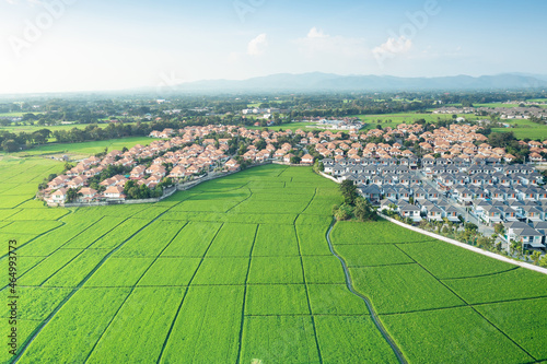 Land or landscape of green field in aerial view. Include agriculture farm, house building, village. That real estate or property. Plot of land to housing construction in Chiang Mai of Thailand.