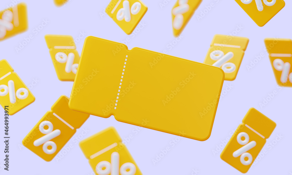 Background of yellow coupons with pinterest. A loyal program for customers, profitable purchases. Online store. 3d rendering - obrazy, fototapety, plakaty 