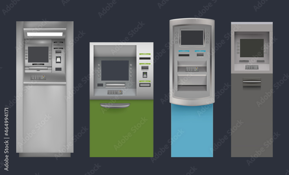 Atm. Bank payment machines online automated deposit decent vector realistic atm services collection Atm. Bank payment machines online automated deposit decent vector realistic atm services collection