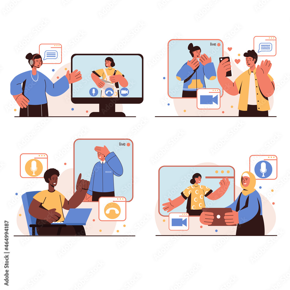 Video chatting people concept isolated scenes set. Men and women talking at video calls using applications for mobile phone or computer. Online communication. Vector illustration in flat design Video chatting people concept isolated scenes set. Men and women talking at video calls using applications for mobile phone or computer. Online communication. Vector illustration in flat design