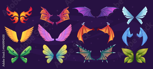 Dragon wings. Fairy tale body parts of flying creatures fantasy demon big wings with feathers exact vector colored illustrations