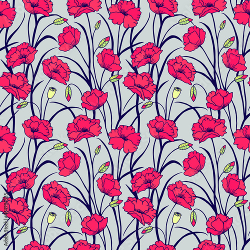 Poppies flowers seamless pattern. Vector stock illustration eps10  hand drawing.